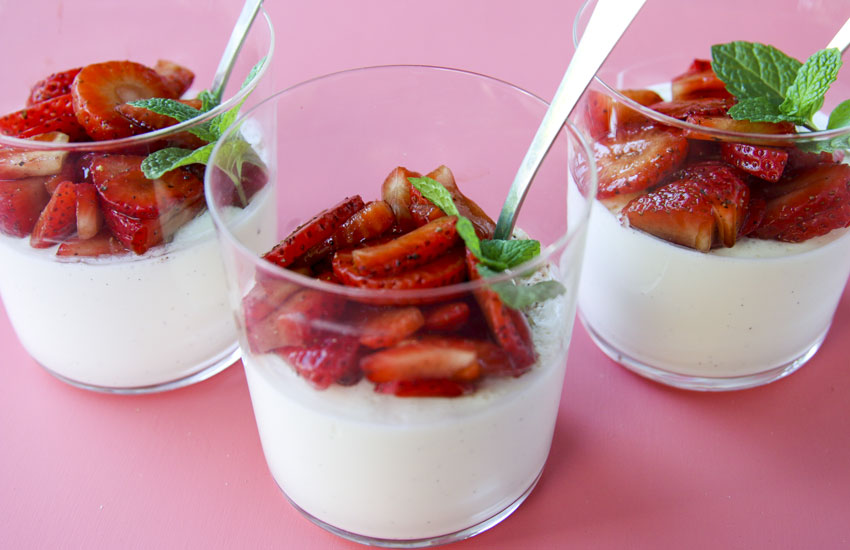 Panna cotta translates to "cooked cream" in Italian. It is a silky, custard-like dessert made of cream and gelatin, that is topped with fresh fruit.
