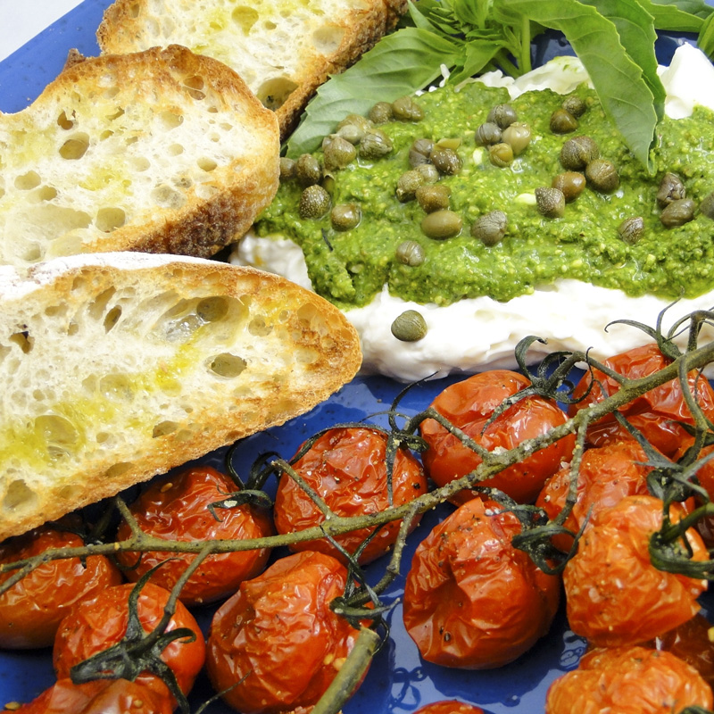 Tomato, Pesto & Burrata Bruschetta | Something New For Dinner