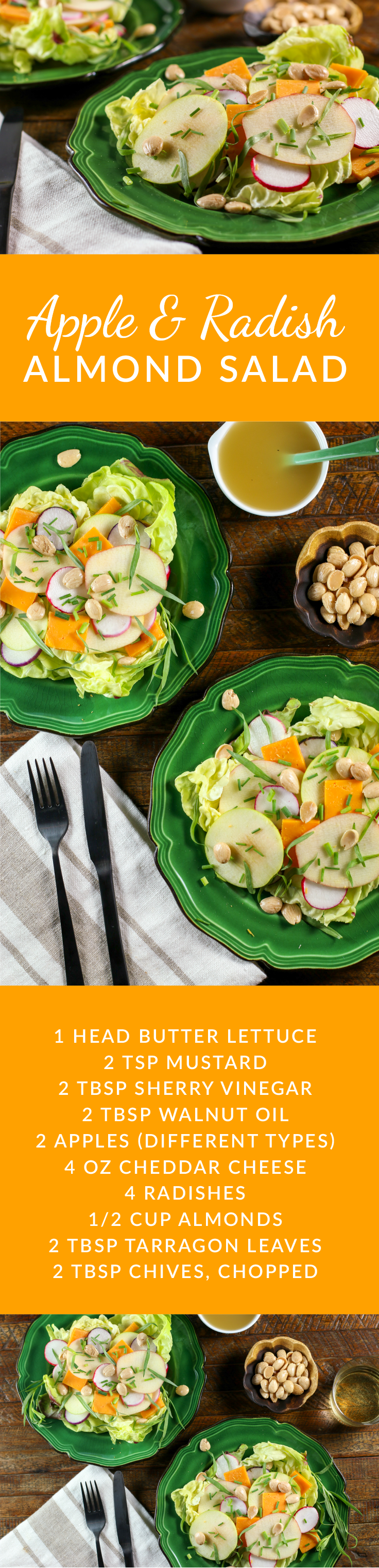 This layered apple, radish, cheddar cheese and Marcona almond salad was inspired by a similar salad served at Mesa Restaurant in Costa Mesa, California. 