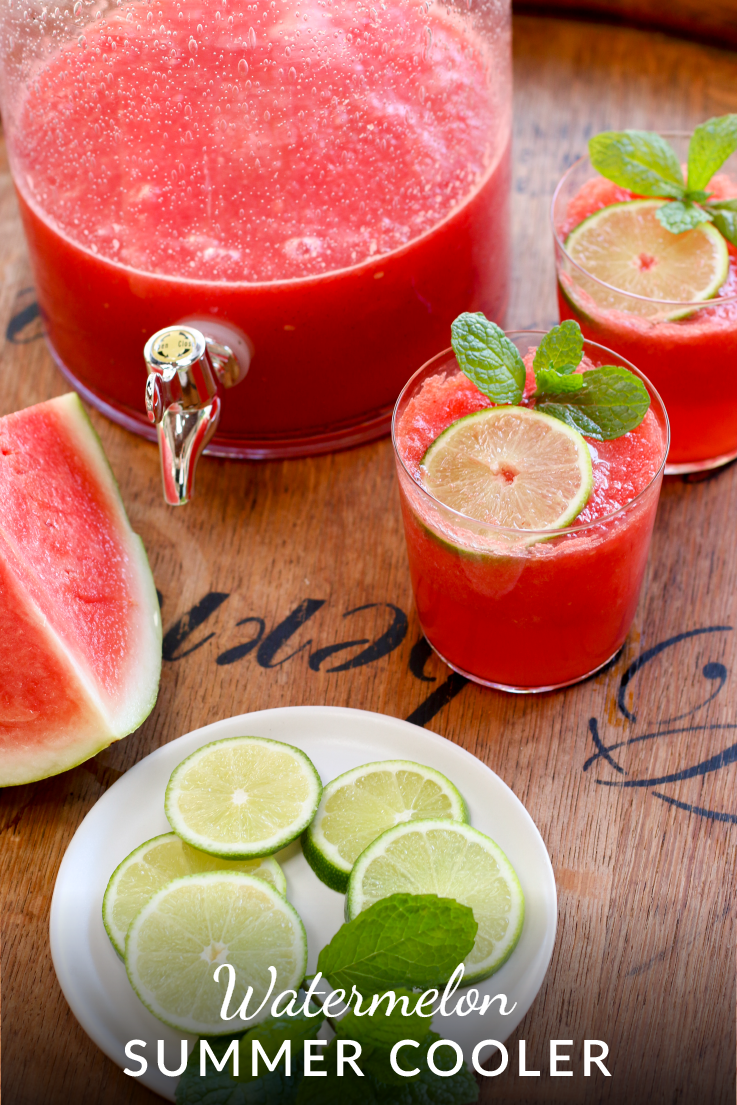 This watermelon cooler is made from pureed watermelon, fresh lime juice, white rum, St. Germain and topped with sparkling water. Make a big batch for your next barbecue.
