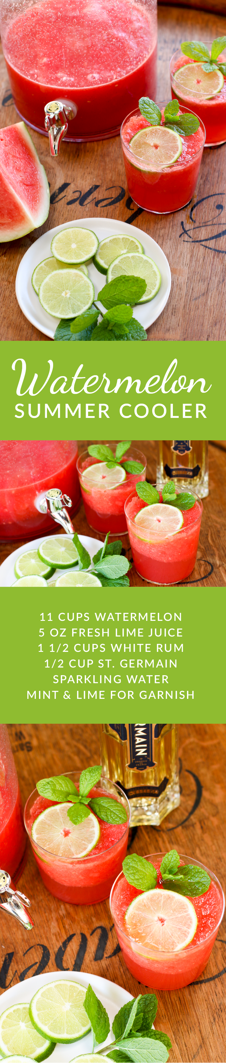 This watermelon cooler is made from pureed watermelon, fresh lime juice, white rum, St. Germain and topped with sparkling water. Make a big batch for your next barbecue.