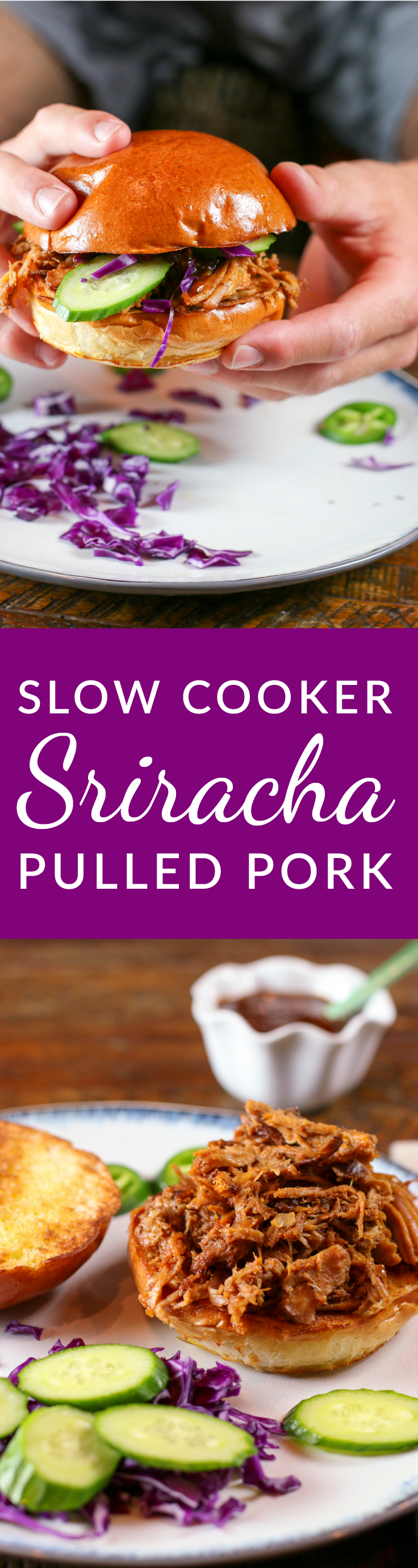 This recipe is a slow-cooker version of Sweet and Sriracha Spicy Oven Roast Pulled Pork by White on Rice Couple. Use this pulled pork to make delicious sandwiches or spicy tacos. 