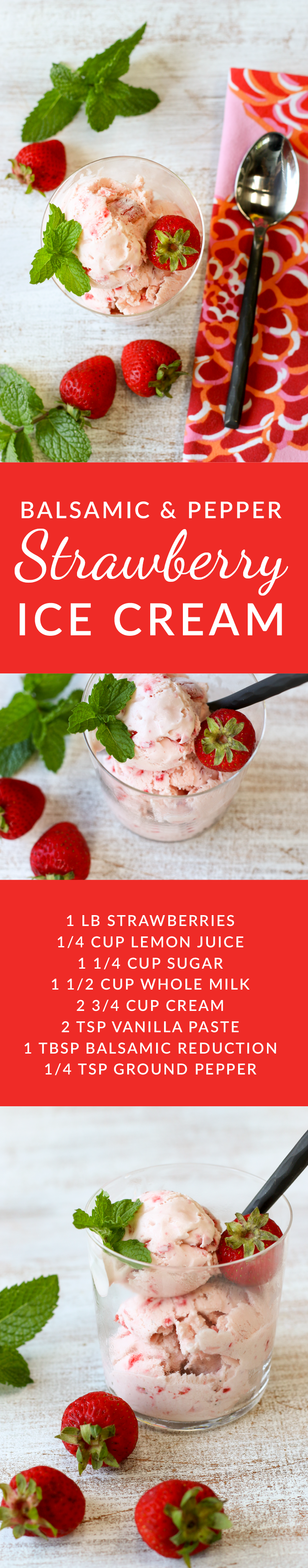 This sophisticated homemade strawberry ice cream is laced with a splash of balsamic vinegar reduction and a sprinkling of freshly ground pepper. 