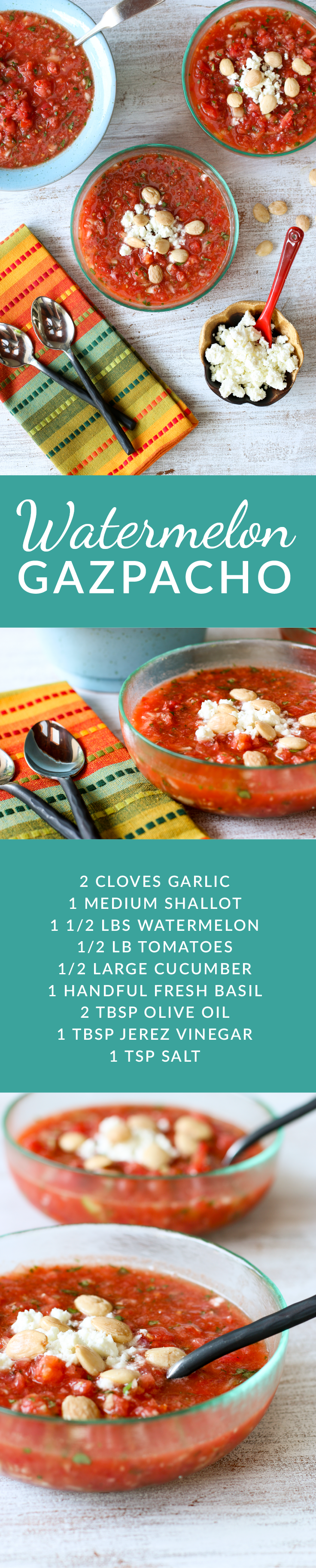 This easy-to-make watermelon and tomato gazpacho is perfect summer dish to get you through the heat, minimize your cooking efforts and feed you for a week. Watermelon gives this gazpacho and extra flavor burst and a little sweetness.