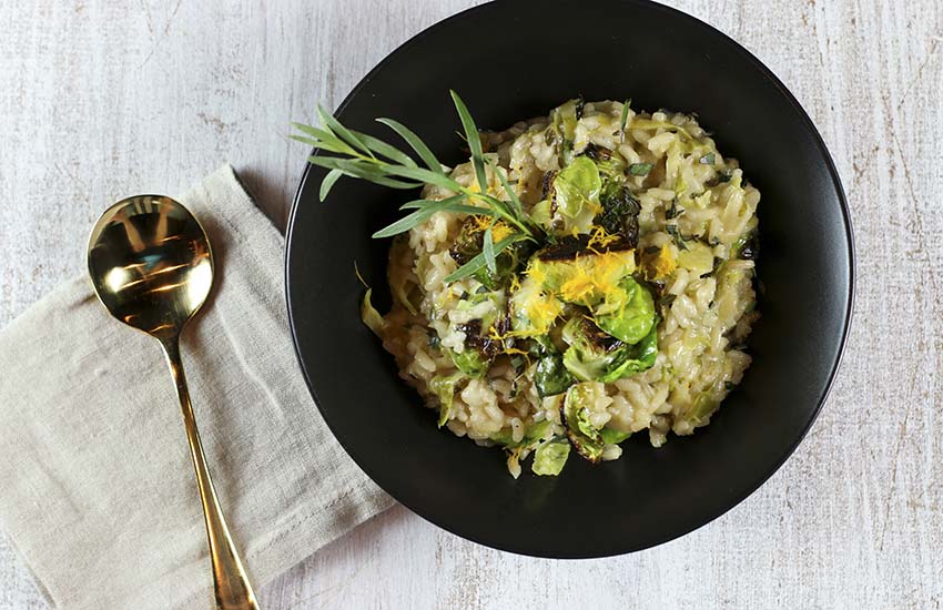 A comforting risotto packed with healthy brussels sprouts and finished with blue cheese. This is based on the recipe published in Ottolenghi's Plenty More.