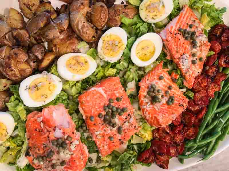 Salmon salad with smashed potatoes and roasted tomatoes | Something New For Dinner