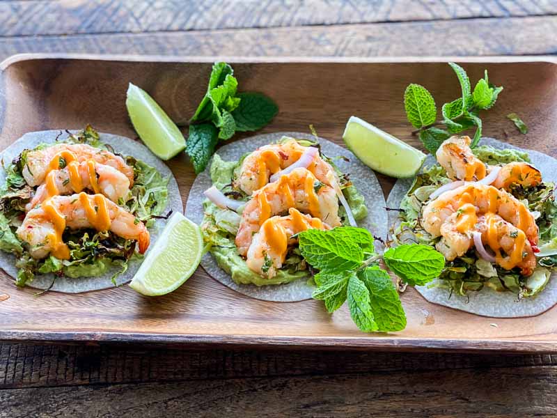 Minted shrimp tacos with Brussels sprouts and jicama tortillas | Something New For Dinner