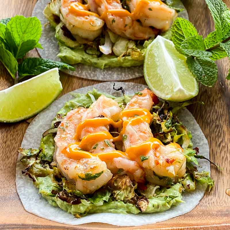 Minted Shrimp Tacos with Roasted Brussels Sprouts and Jicama Tortillas ...