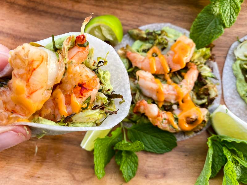 Minted shrimp tacos with Brussels sprouts and jicama tortillas
