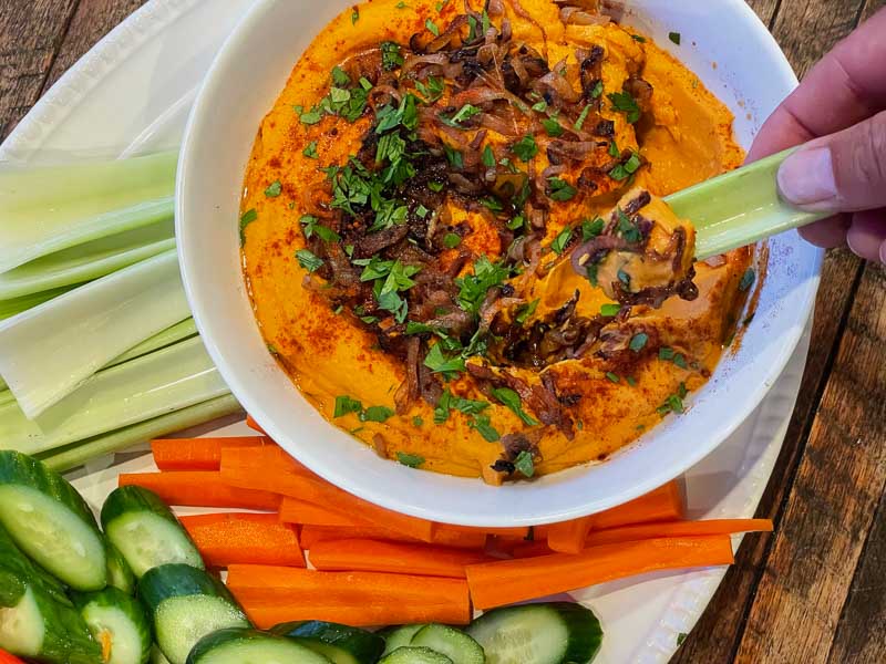 Sweet potato hummus with caramelized shallots } Something New For Dinner